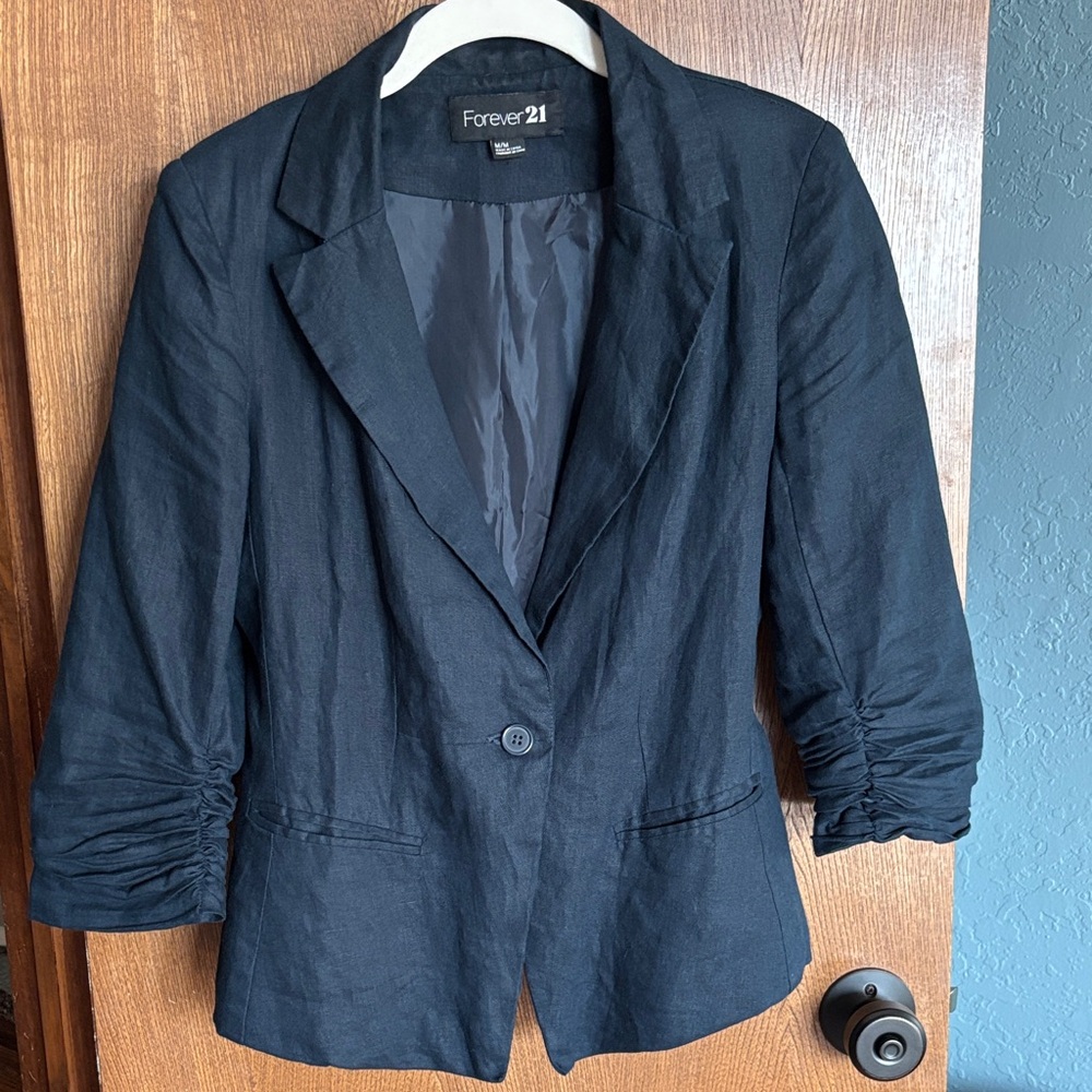 Forever 21 Navy Ruched Sleeve Linen Blazer